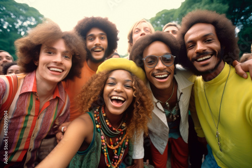 1960s Happy Group Portrait. A group of young people gathered at Woodstock, enjoying the music and culture of the counterculture revolution, epitomizing the free - spirited vibe of the 1960s