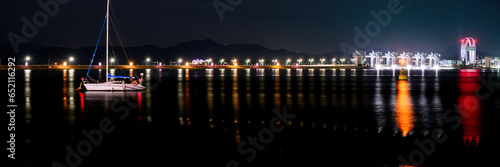 Mokpo Dancing Sea nightscape with a moored boat at Youngsanho Lake in Mokpo City, South Korea