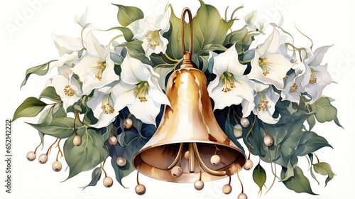  a painting of a bell with flowers and leaves around it. generative ai