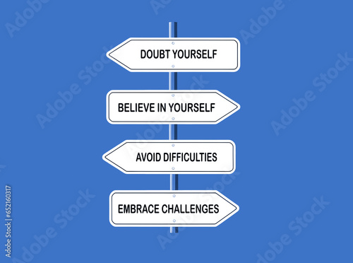 Believe in yourself, embrace challenges, and their opposites. Motivational and inspirational quote on street sign. Blue background.