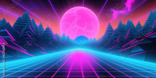 An 80s style background with blue, pink and purple neon colors and grid on the bottom.