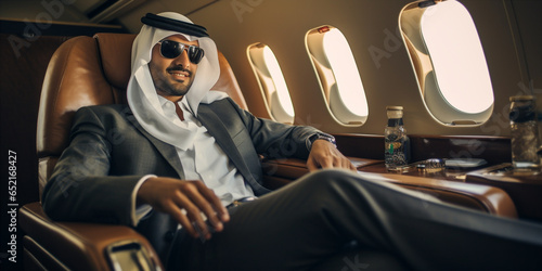 Young Emirati businessman in UAE traditional seating in private jet