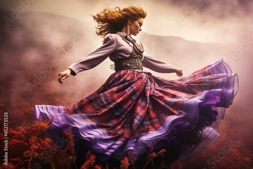 Against the haunting backdrop of Scotland's fog-covered moors, a Highland dancer energetically leaps; her tartan kilt creating ghostly swirls in the extended exposure amidst purple heather