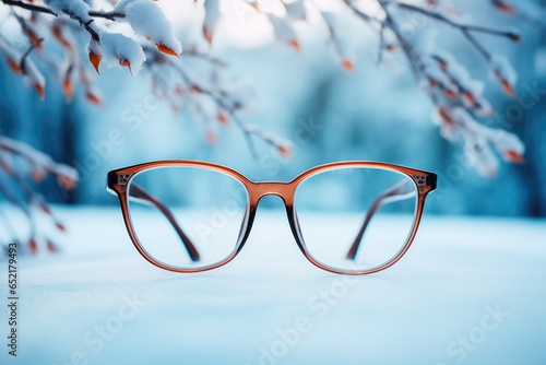 A pair of glasses sitting on top of a snow covered ground. Photorealistic AI.