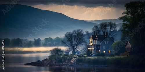Evening mist over Blue Ridge Mountains Potomac river rural American houses after rain volumetric lighting reflections on a clear water sunny day beautifully color graded deep blue sky volumetric 