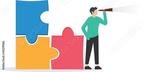Finding solution or search for last missing piece to finish or complete work, Leadership mission or business difficulty uncompleted jigsaw looking for missing piece