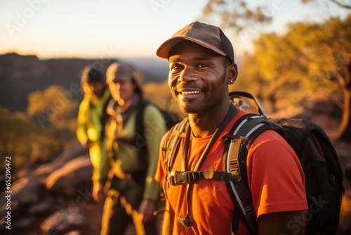 Aboriginal guide leading a group through the rugged landscape, sharing ancestral knowledge, Generative AI