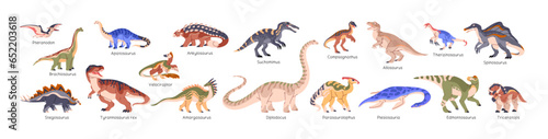 Dinosaurs set. Tyrannosaurus, triceratops, stegosaurus, spinosaurus, diplodocus, pteranodon, brachiosaurus. Ancient animals, reptiles of Jurassic era. Dino flat isolated vector illustration on white