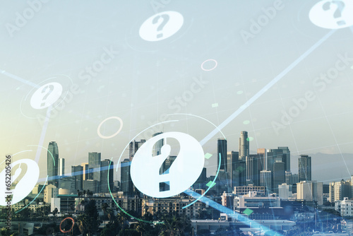 Abstract virtual question mark illustration on Los Angeles skyline background. FAQ and search concept. Multiexposure