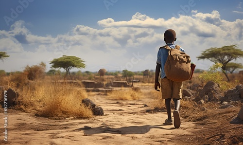 poor african school kid at arid land, ai generative