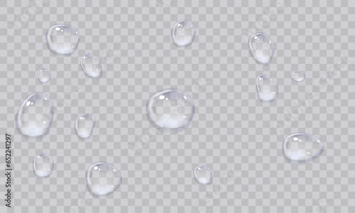 Vector water droplets. Droplets, condensation on glass, on various surfaces. Realistic droplets on a transparent isolated background. PNG.
