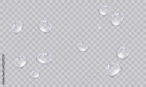 Vector water droplets. Droplets, condensation on glass, on various surfaces. Realistic droplets on a transparent isolated background. PNG.