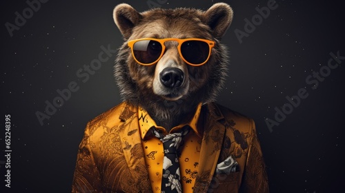 Portrait of a bear in a yellow jacket and sunglasses on a black background. ai generative