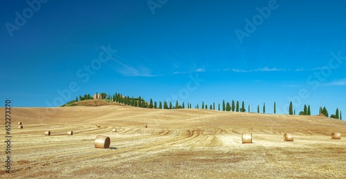 Scenic view of a countryside landscape featuring bright golden wheat bales