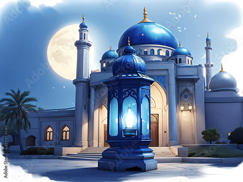 arabic lantern background illustration,moon light shine through the window into islamic mosque interior