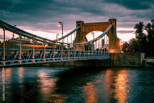 View of the Grunwald bridge in Wroclaw, Poland at sunset