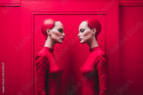 Portrait de deux femme face à face - Concept de la double personnalité, de la dissimulation, des jumeaux et jumelle, de l'image de soi