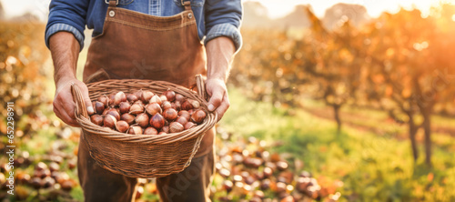 Closeup of a Man Selecting Fresh Chestnuts and Hazelnuts at a Vibrant Autumn farmland