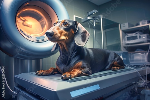 A dachshund receiving a thorough examination by a veterinary doctor, including an X-ray, as part of its medical care in a veterinary clinic.