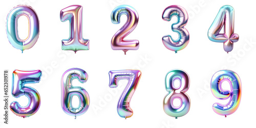 Numbers from 0 to 9 made with foil holographic birthday balloons