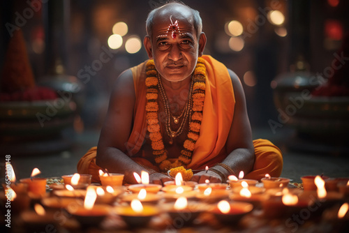 Monk doing puja or praying on diwali festival.