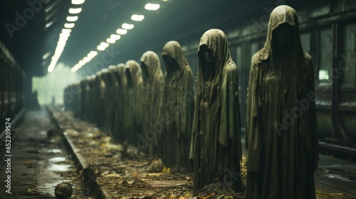 A collection of solemn, hooded statues stand together in underground, surrounded by vast expanse of ground with distant train track winding through it, evoking sense of timelessness and mystery