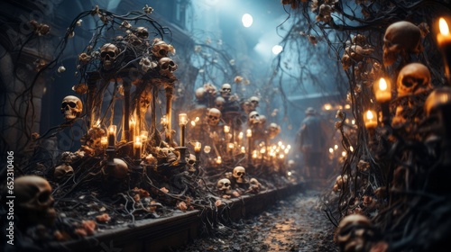 On a wintery night in a mysterious forest, a group of skulls surrounded by candles casts a gentle yet eerie light, evoking a sense of christmas magic and foreboding