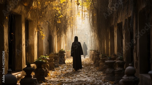 A solitary figure shrouded in a colorful autumnal robe traverses a deserted alleyway, their muted presence accentuating the stillness of the street