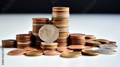 A bunch of coins on a white background