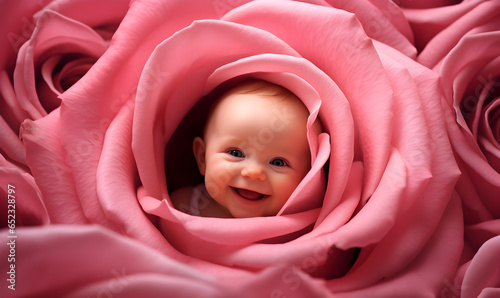 les petites filles naissent dans les roses, visage de petite fille au centre d'une rose