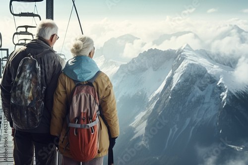 Two mature gray-haired retired men from the back, in the winter mountains near a ski lift or funicular. Active lifestyle of older people.