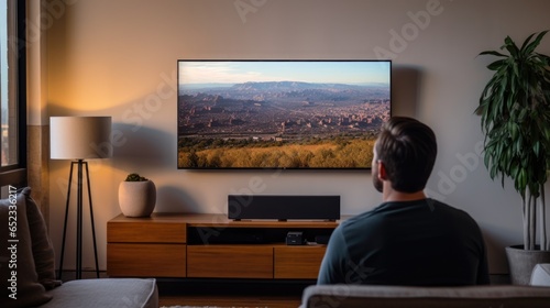 A young man sitting on sofa in living room and watching television, back view angle, generative ai