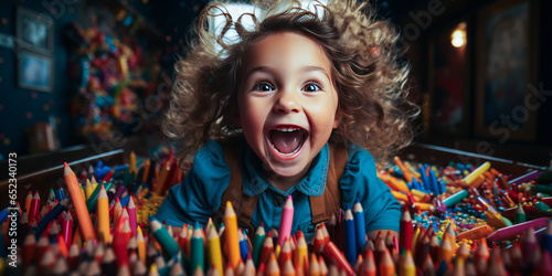 Jubilant preschooler with open mouth, joyfully grasping multicolored crayons in a vivid kindergarten classroom environment - an epitome of educational excitement and euphoria.