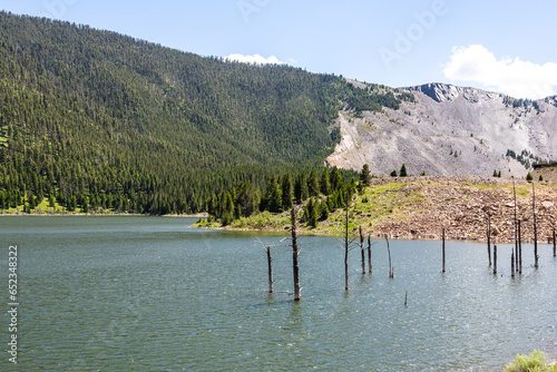 Earthquake Lake in the Yellowstone National Park, Wyoming, with silhouettes of burnt trees