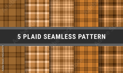 Brown Set Plaid Tartan Seamless Pattern. Checkered fabric texture for flannel shirt, skirt, blanket 