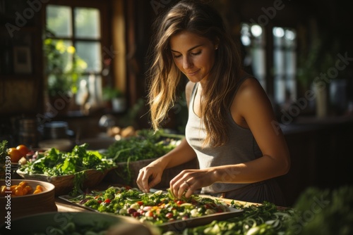 Mujer joven preparando la comida en un restaurante natural y sostenible. 