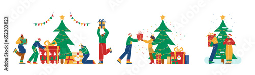 People celebrates Merry Christmas and New Year, set of vector excited people give receive gift boxes near christmas tree