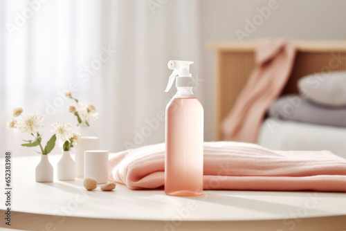 Linen and room spray air freshener in an eco-friendly bottle, designed for a clean and fresh living space. On a modern, minimalist bedroom background. Concept of fragrance of wellness and cleanliness