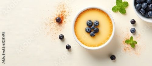 Creme brulee and blueberries on a isolated pastel background Copy space