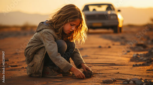 Junges Mädchen ist einsam auf der Wüstenstraße
