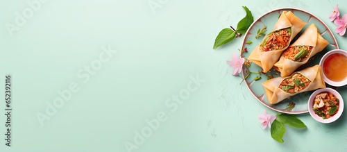 Isolated spring rolls with sauce isolated pastel background Copy space