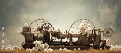 Old dirty cotton gin machine on the floor used to extract cotton fibers from seedpods Industrial machinery isolated pastel background Copy space