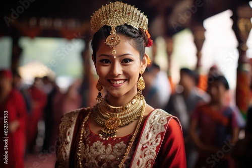 Resplendent Meghalaya bride in gold and maroon, her radiant smile tells a tale of community warmth