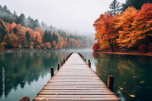 A dock with wooden path on a lake with autumn forest landscape. Beautiful fall nature background, calm blue water in the river.