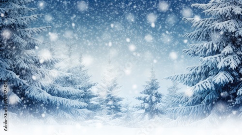a Horizontal format winter scene with snowflakes and trees, against a blue sky in winter-themed, photorealistic illustrations in JPG. Generative ai
