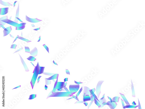 Bright party confetti scatter vector background. Blue hologram particles festival vector. Cracker poppers flying confetti. Holiday celebration decor illustration. Fun greeting.