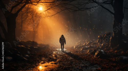 A person walk into the misty foggy road in a dramatic mystic scene with warm colors.generative ai