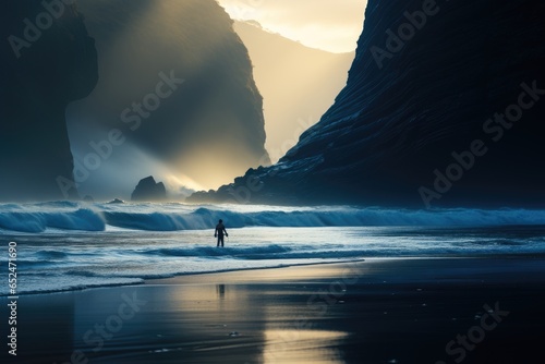 Lone surfer dominates wave to the golden dawn., generative IA
