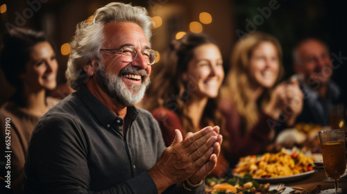 Happy Thanksgiving Day! Portrait of happy senior man clapping hands with friends during dinner party.