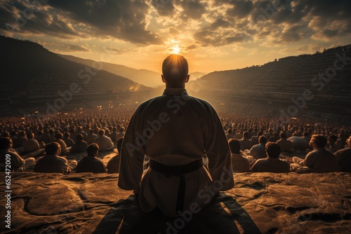 Master and disciple perform accurate katas at sunset, wrapped in determination., generative IA